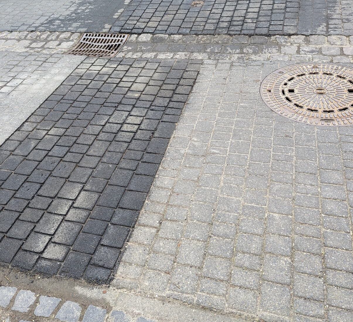 Reparatur einer geprägten Fläche – Nach der Fertigstellung: Fertige Fläche mit durchlaufendem Pflastermuster.